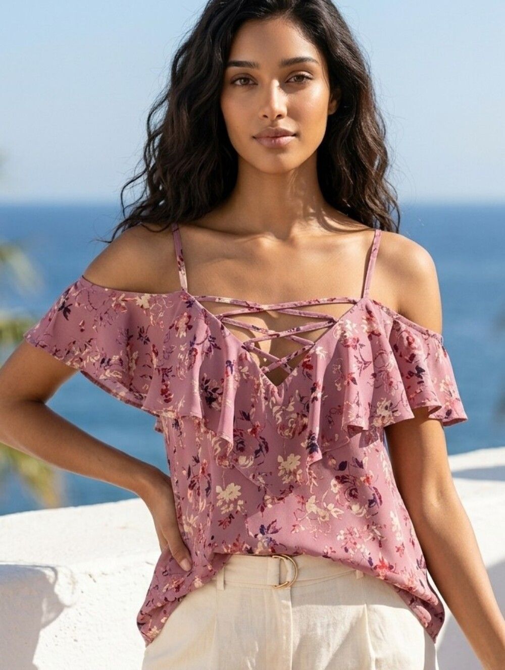 Torrid Floral Cold Shoulder Blouse Medium Dusty Rose Lace Up Ruffle Top Romantic